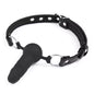 Black dual-mode phallic ball gag with faux leather material displayed on a white background