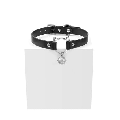 Black Faux Leather Kitten Bell Roleplay Collar full view