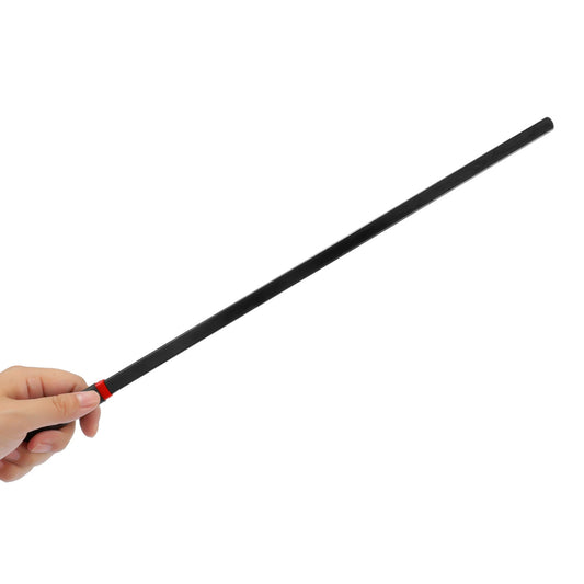 Black flat cane with an anti-slip handle held against a white background
