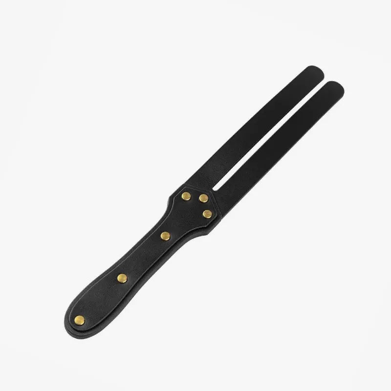 black fork-shaped genuine leather spanking paddle full view