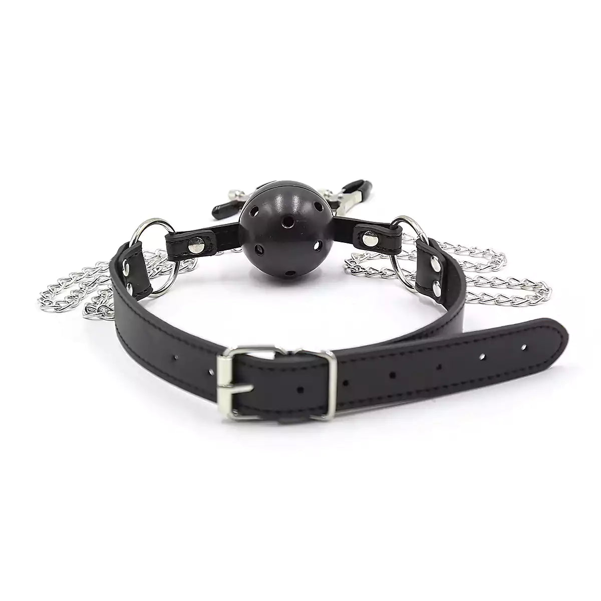 Back view of black hollow silicone ball gag with adjustable strap system