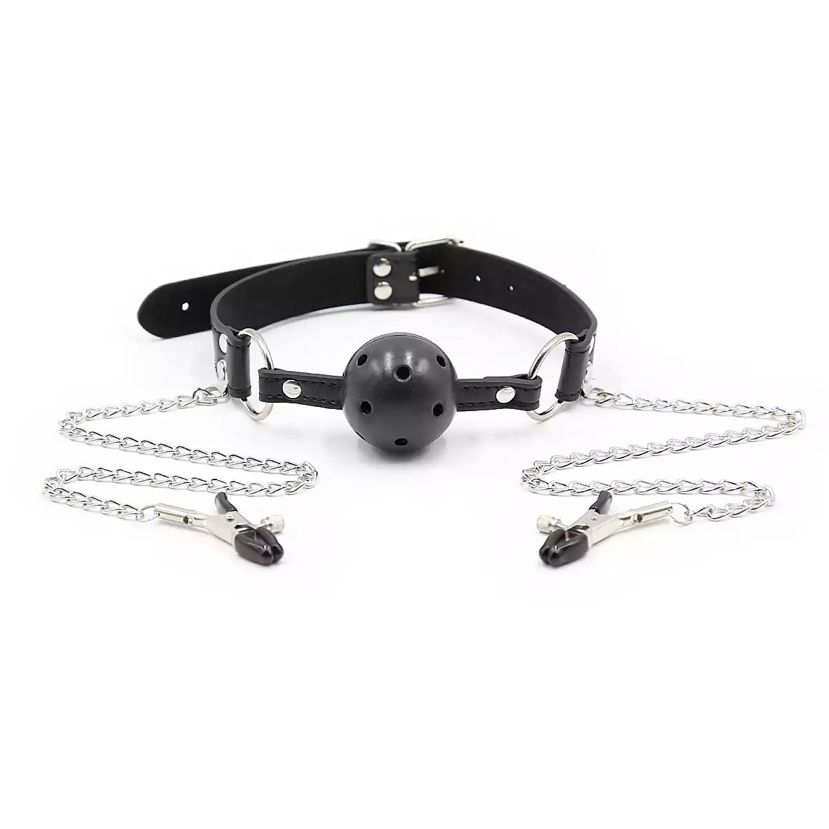 Black hollow silicone Dual-Point Restraint Ball Gag full view with silver clamps