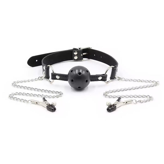 Black hollow silicone Dual-Point Restraint Ball Gag full view with silver clamps