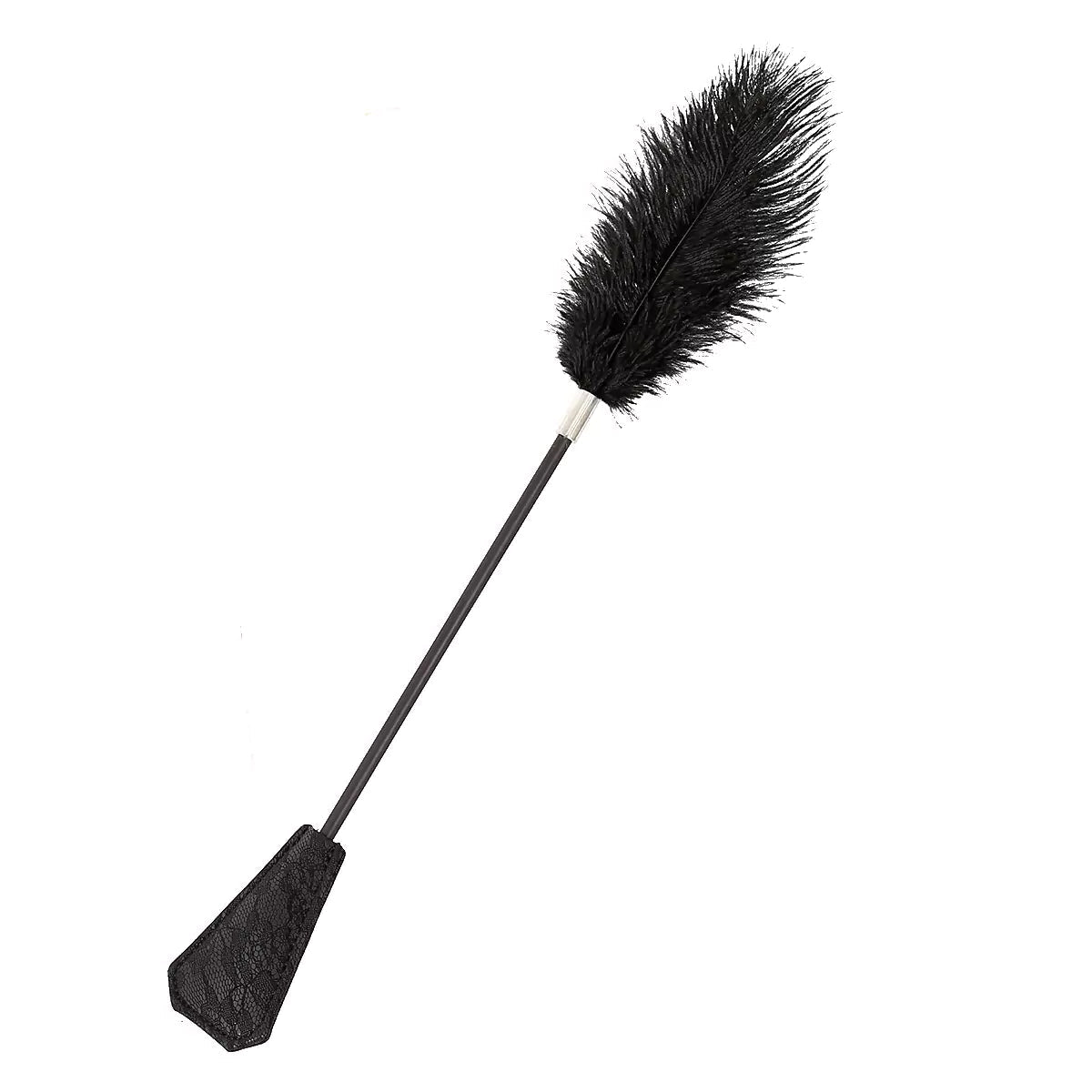 Black lace feather tickler crop long version full view showing ostrich feathers