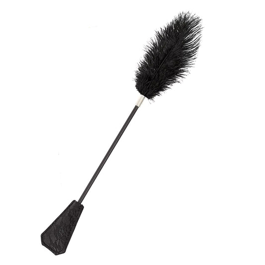 Black lace feather tickler crop long version full view showing ostrich feathers