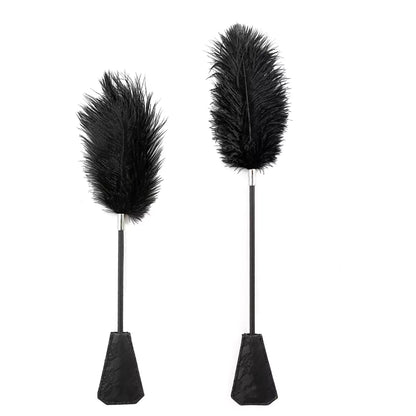 Black lace feather tickler crop short and long versions side by side comparison