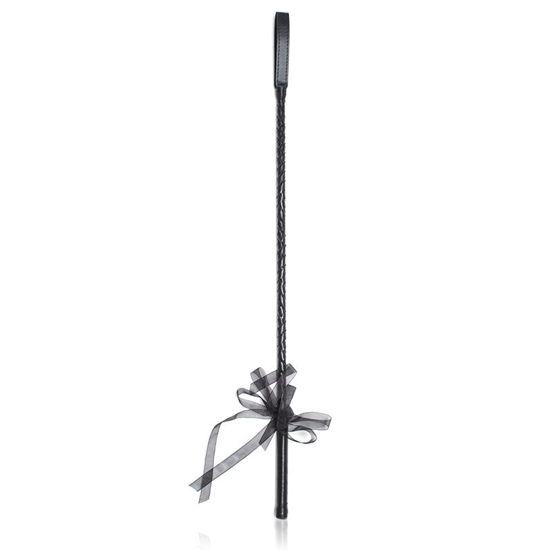 Front view of black lace riding crop showing full 25.6-inch length