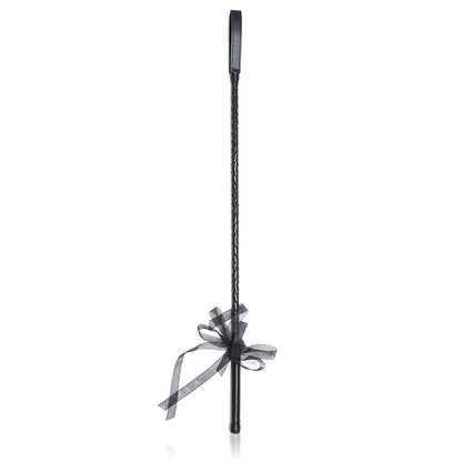 Front view of black lace riding crop showing full 25.6-inch length