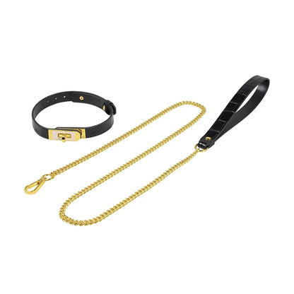 Black genuine leather collar with gold buckle and matching tether full view