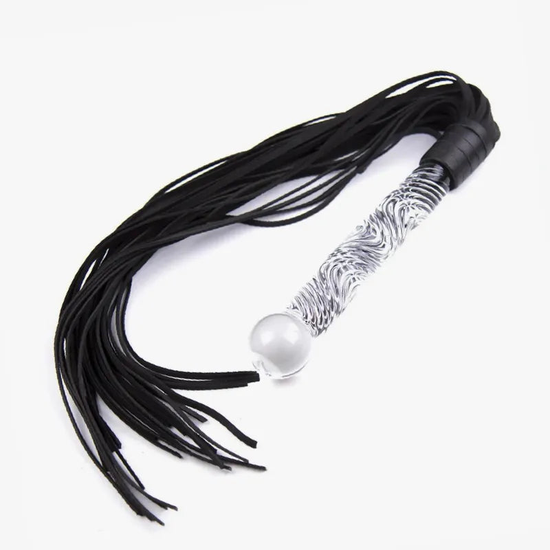 Black leather flogger with wave-textured glass handle full view
