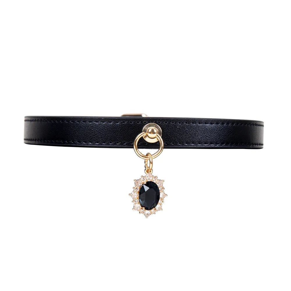 Black genuine leather collar with black gem pendant full view