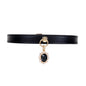 Black genuine leather collar with black gem pendant full view