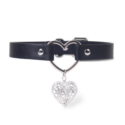Black leather collar with silver heart bell full view