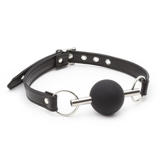 Black metal silicone ball gag full front view