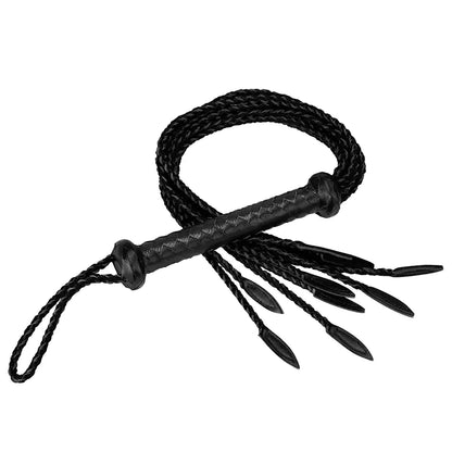 angled display of full-grain leather nine-tail flogger with leaf tips