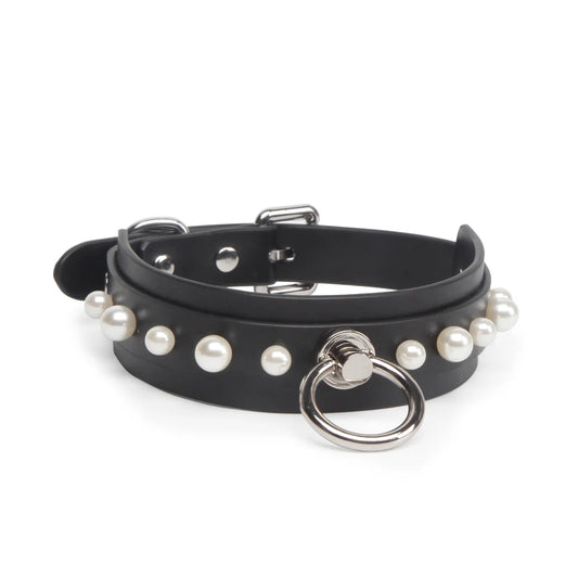Black pearl leather BDSM collar full view