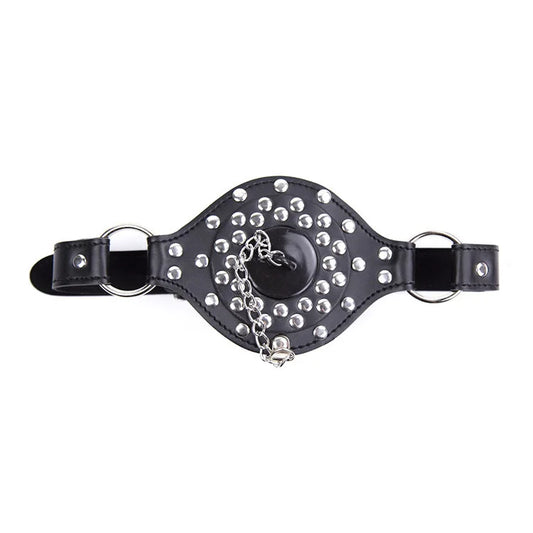full view of black pet play muzzle gag with studded faux leather frame