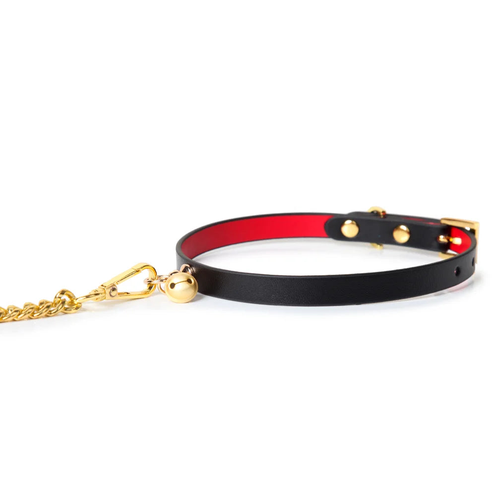 rear view of dual-tone leather collar with centered bronze bell