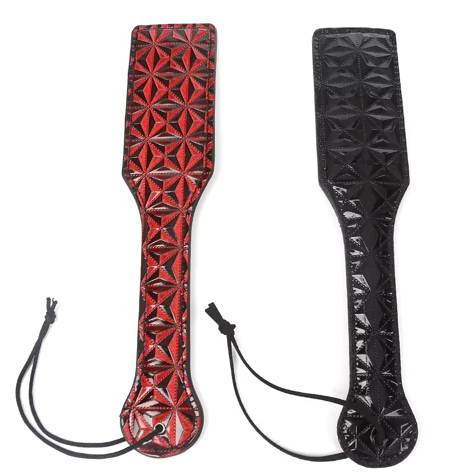 Black and black-red Diamond Pattern Leather Spanking Paddles full view