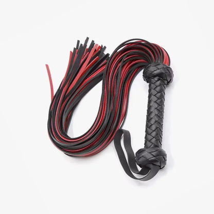Black and red handwoven grip flogger full view with extended falls