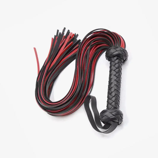 Black and red handwoven grip flogger full view with extended falls
