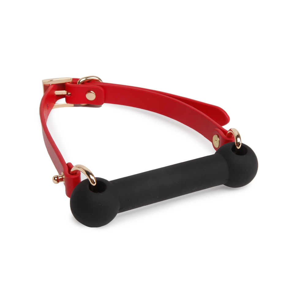 black silicone gag paired with red leather strap demonstrating secure alignment
