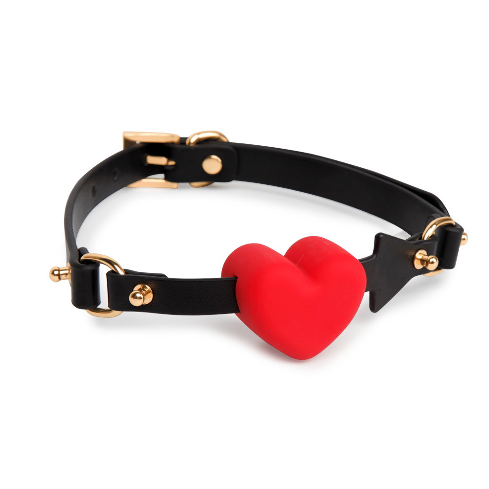Black strap with red heart arrow silicone gag full view