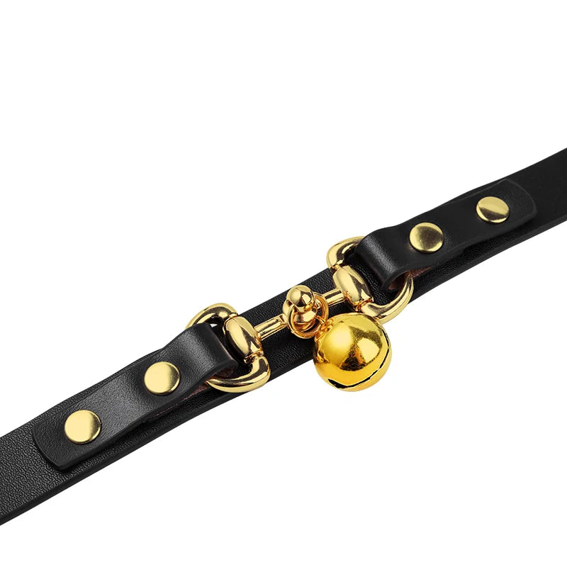 Gold bell detail on black studded BDSM collar