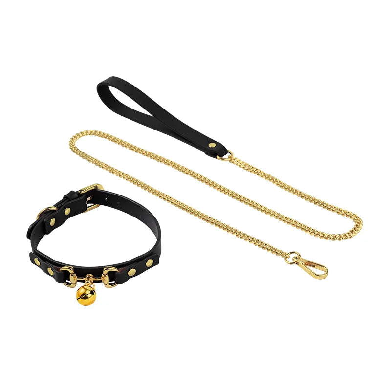 Studded faux leather collar with gold chain tether extended