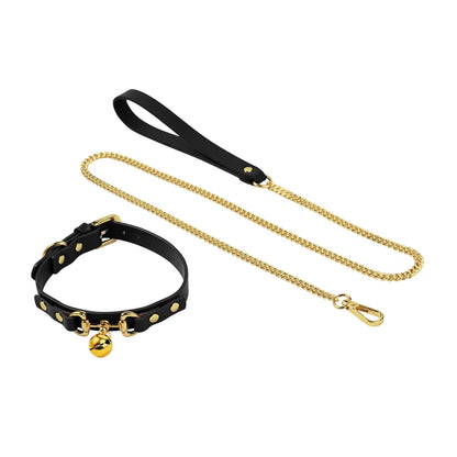 Studded faux leather collar with gold chain tether extended