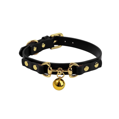 Black studded faux leather BDSM collar full view with gold hardware