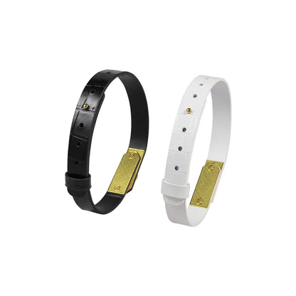Front view of black and white leather buckle collars without chain