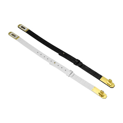 Flat lay of black and white genuine leather collars without tether