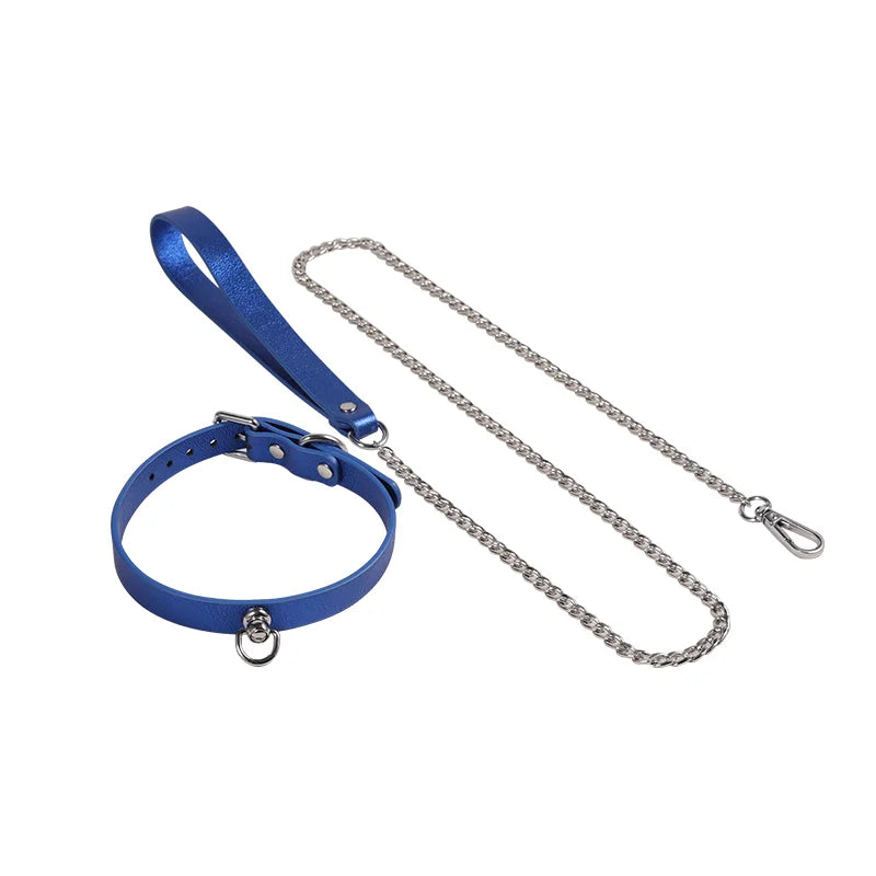 Glossy blue leather collar with matching tether full view