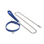 Glossy blue leather collar with matching tether full view