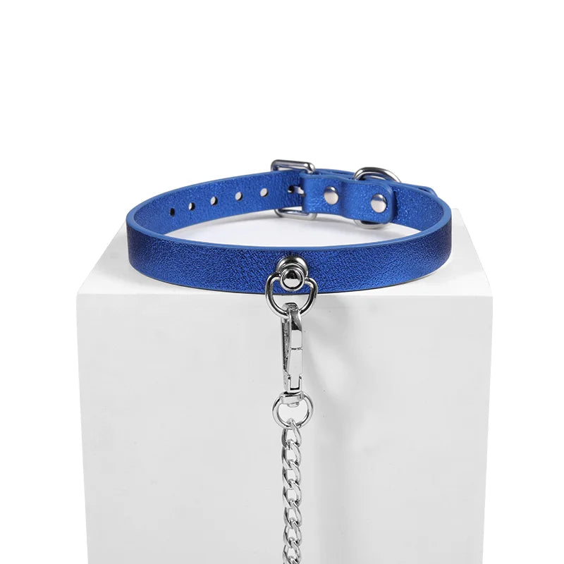 Angled view of glossy blue collar with leash attached