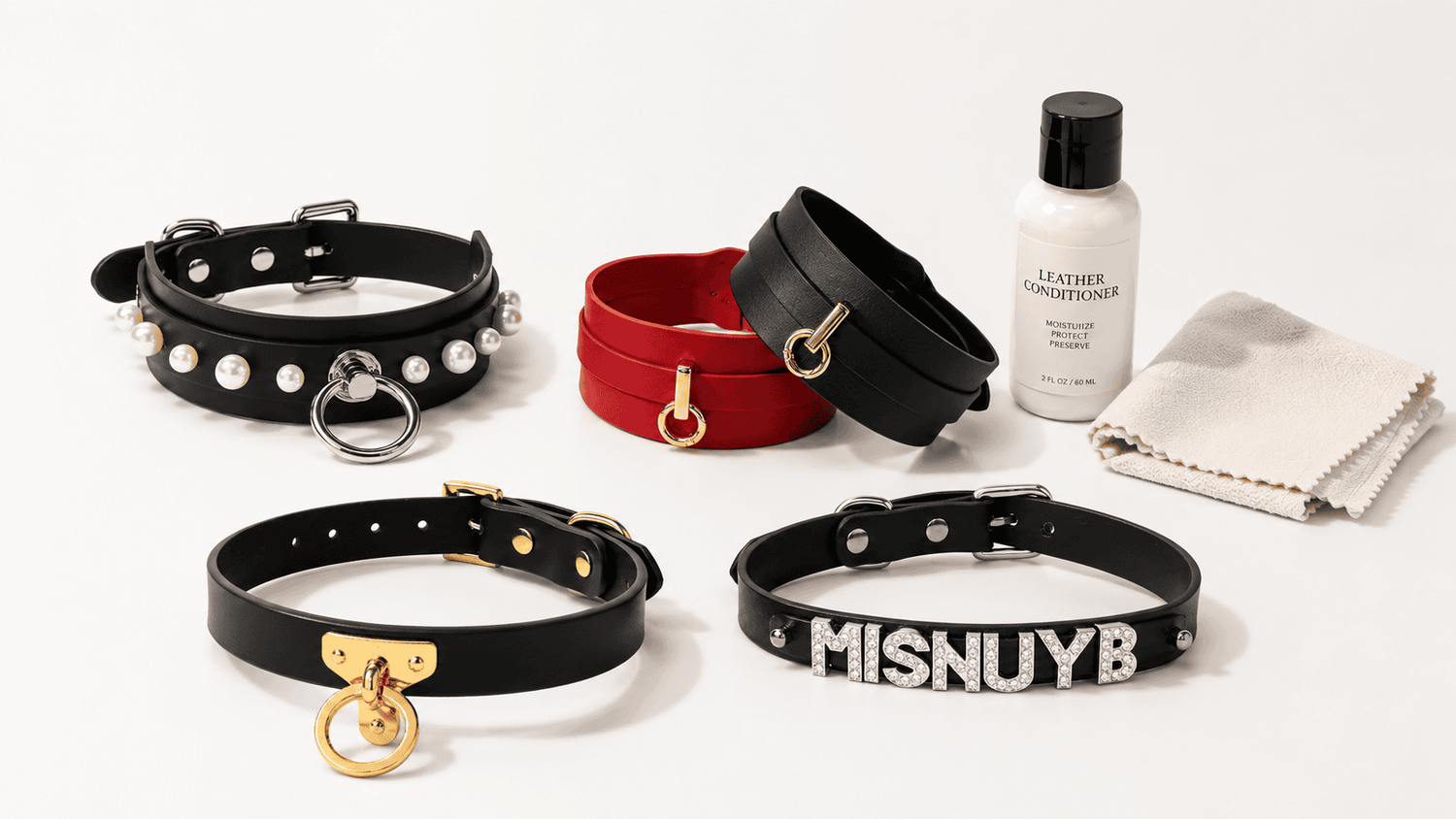 Bondage collar care setup with gentle cleaning and dry storage.