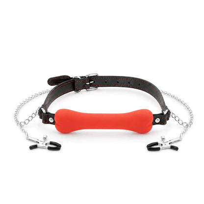 Knochen-Knebel mit Brustwarzenklemmen – Mundstück aus Silikon in Knochenform mit Kettenverbindung zu Brustwarzenklemmen für Multi-Point Pet Play