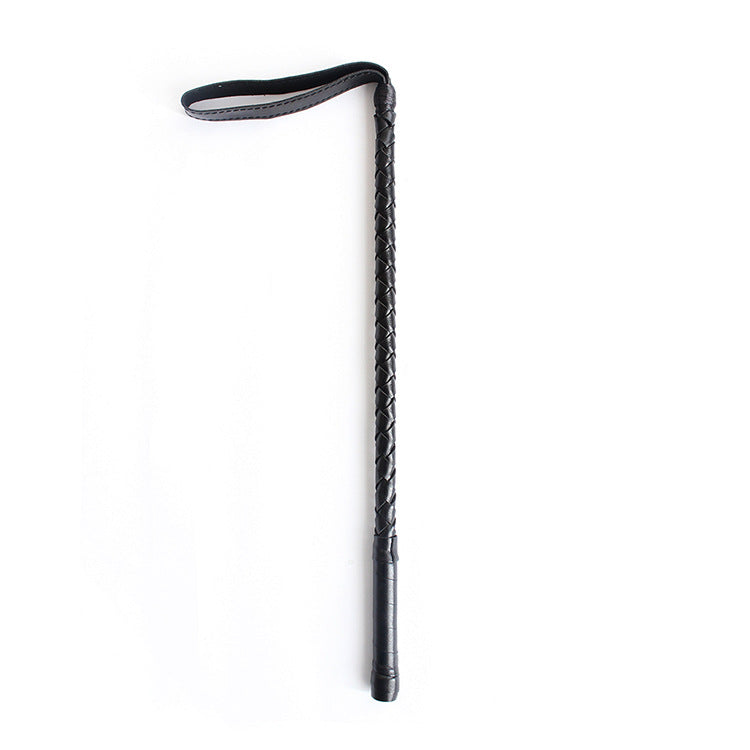 Front view of black braided leather riding crop showing full length
