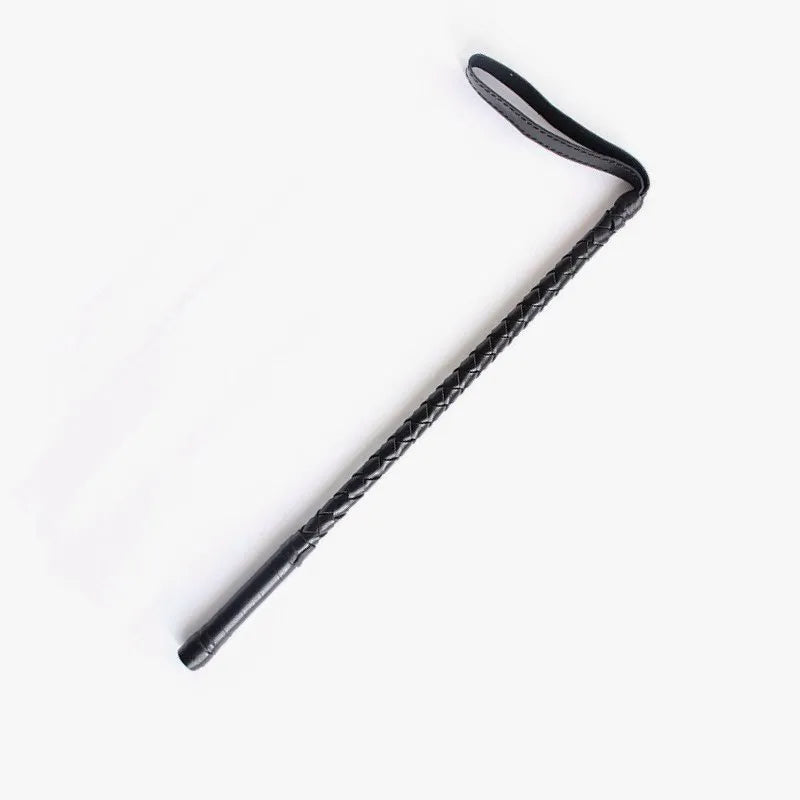 Braided leather riding crop full view showing hand-braided construction
