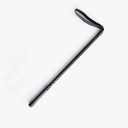 Braided leather riding crop full view showing hand-braided construction