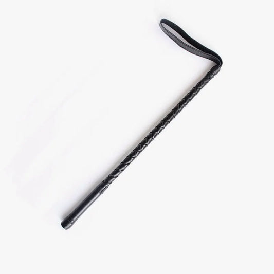 Braided leather riding crop full view showing hand-braided construction