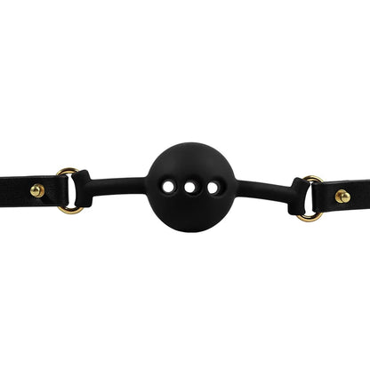Close-up detail of the black breathable silicone ball gag with air holes