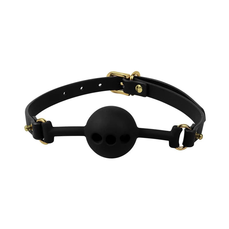 Black breathable silicone ball gag with air holes shown in a front view