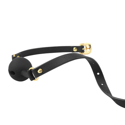 Side view of the black breathable silicone ball gag with air holes