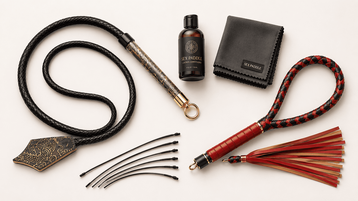 Bullwhips care setup with leather conditioning and dry coiled storage.