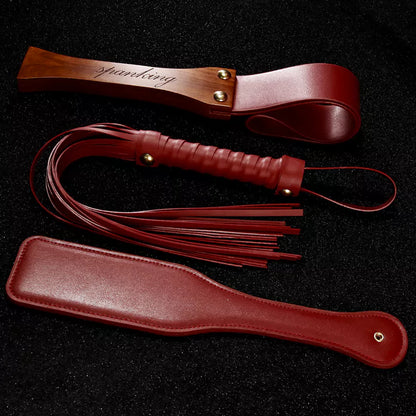 Burgundy Faux Leather Crop, Paddle & Flogger Set