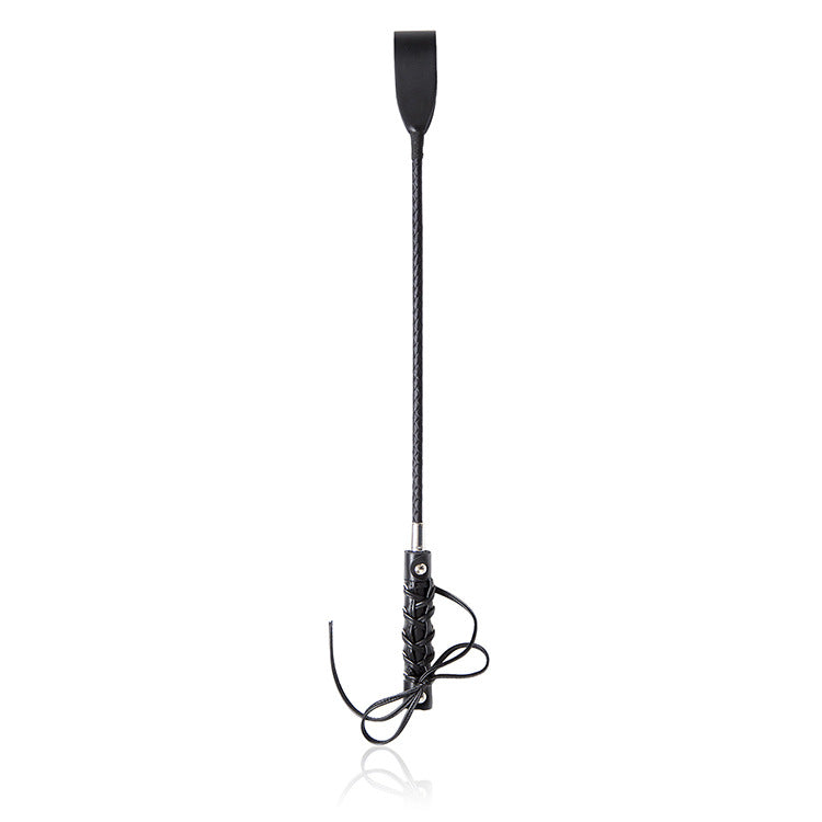 Front view of black butterfly strap riding crop showing 23.2-inch length