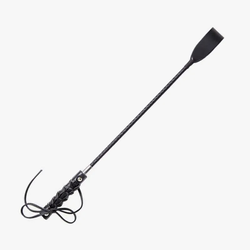 Butterfly strap riding crop full view showing decorative handle and faux leather body