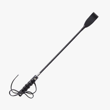 Butterfly strap riding crop full view showing decorative handle and faux leather body